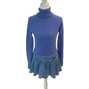 Marielle Waithe 100% Cashmere Blue Cable Knit Turtleneck Sweater Size S